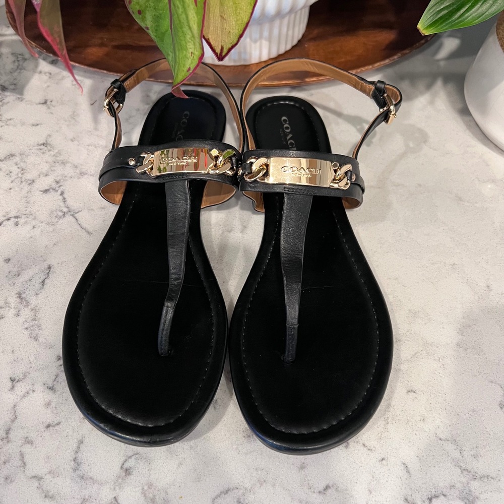 Coach Catherine Black Leather Sandals Gold Logo Chain Slingback Flat Womens 10 B